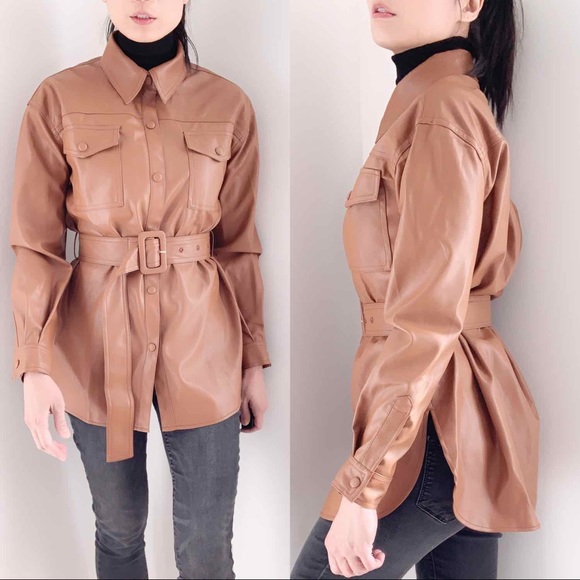 Faux Leather Belted Shirt Jacket in Cognac - Picture 2 of 7